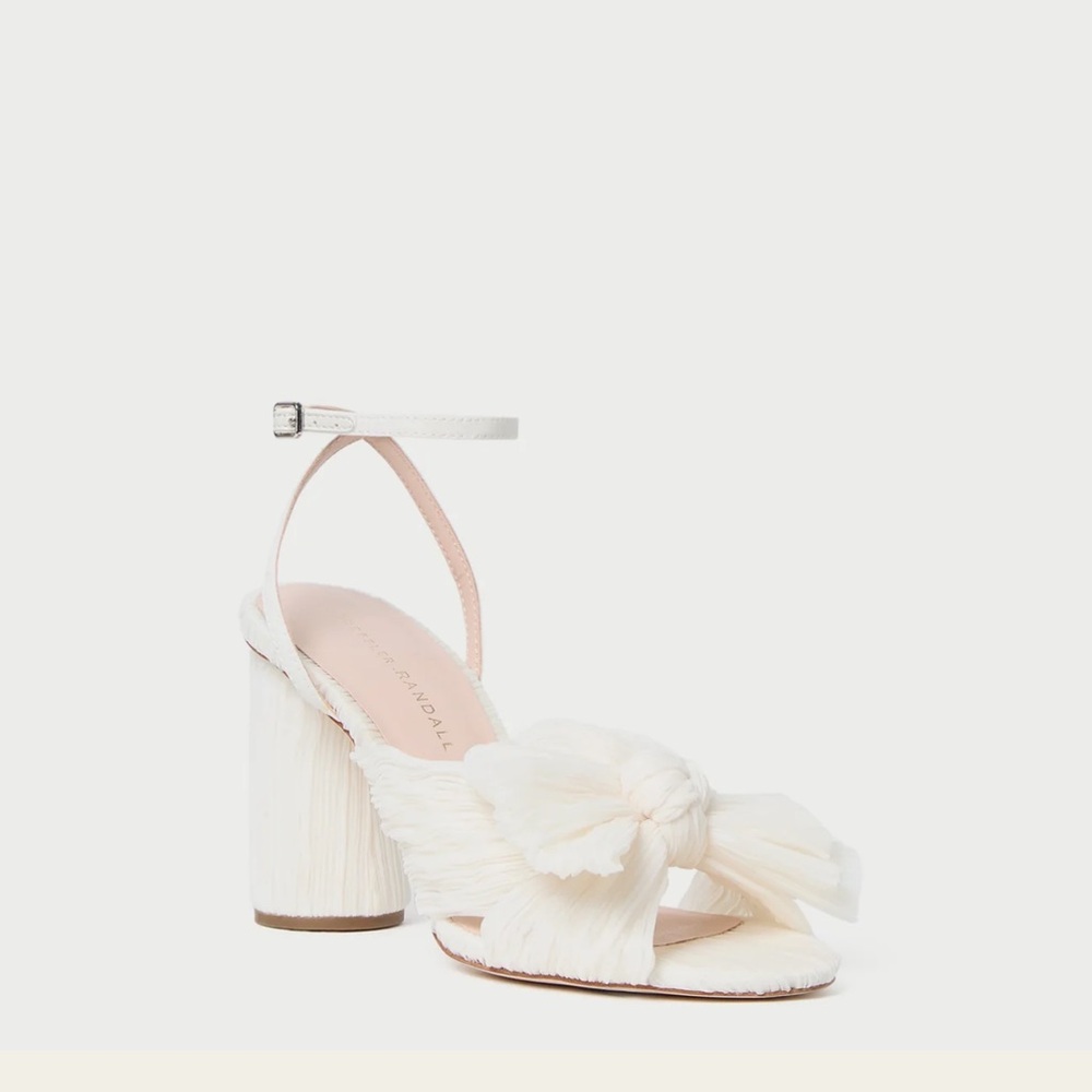 Loeffler Randall Camellia Pearl Pleated Bow Heel 7.5 White Block Heel Sandals